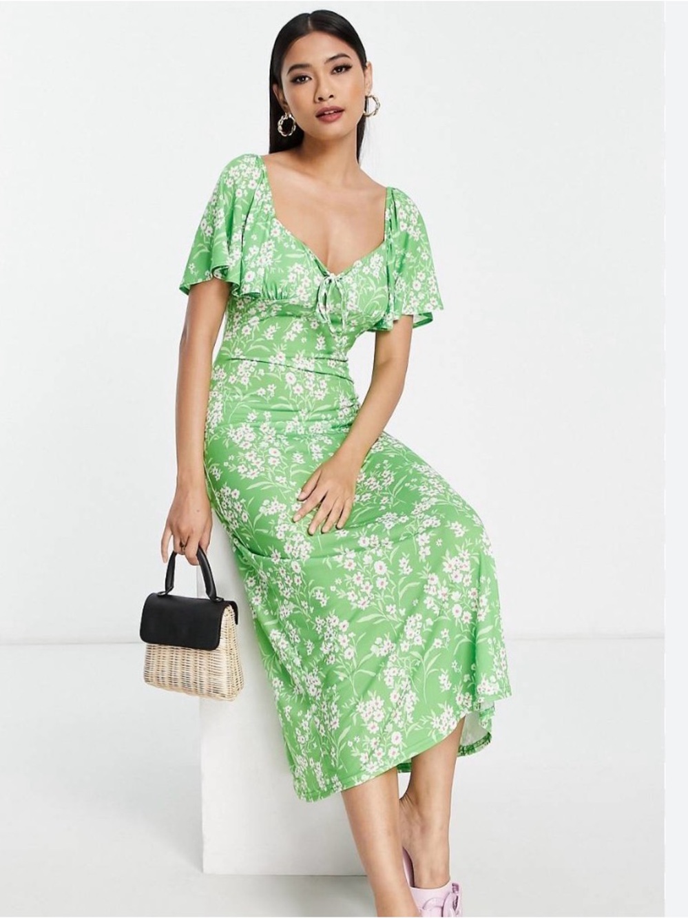 ASOS Green Floral Tie-Front Midi Dress Size 10
